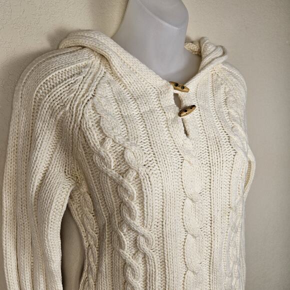 Vintage Y2K Cable Knit Sweater Womens Lambs Wool Hood Wood Toggle Button Cream M - Picture 3 of 15